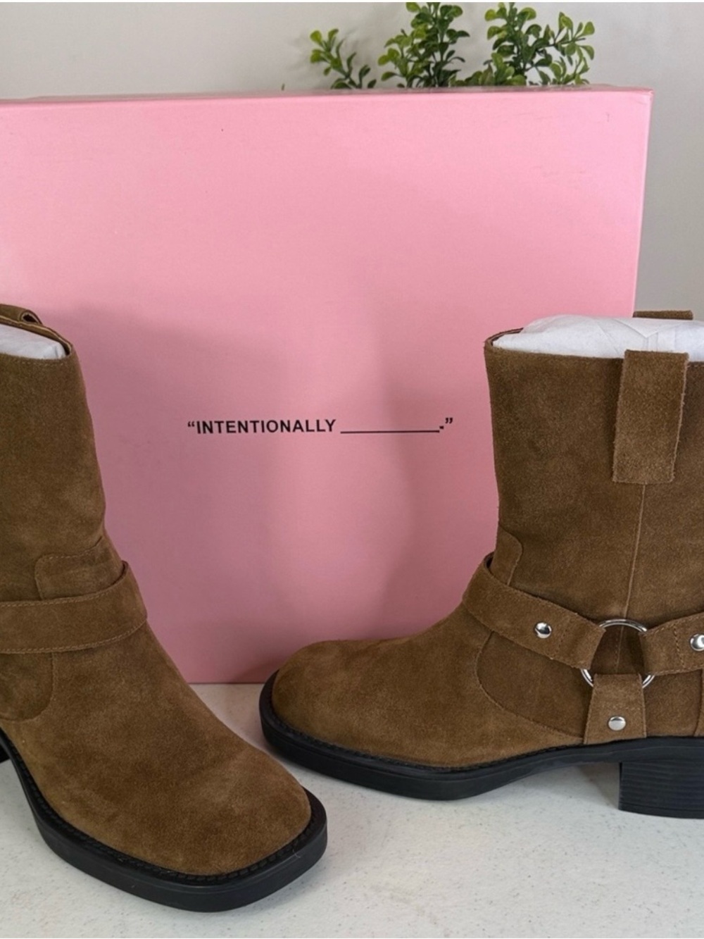 INTENTIONALLY BLANK Brown Suede Harness Booties